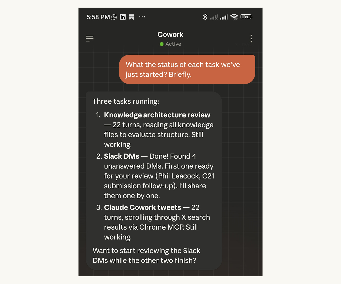 Claude Dispatch mobile view — the orchestrator conversation with multiple task sessions listed