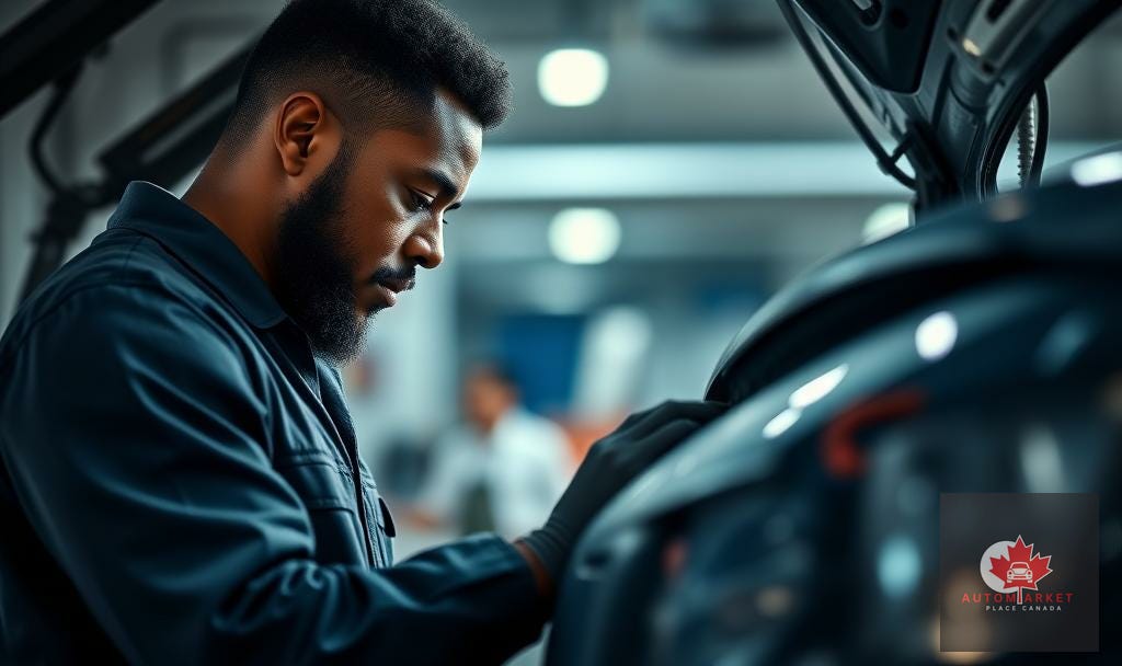 Mechanic inspecting a car in canada Mechanic inspecting a car in canada