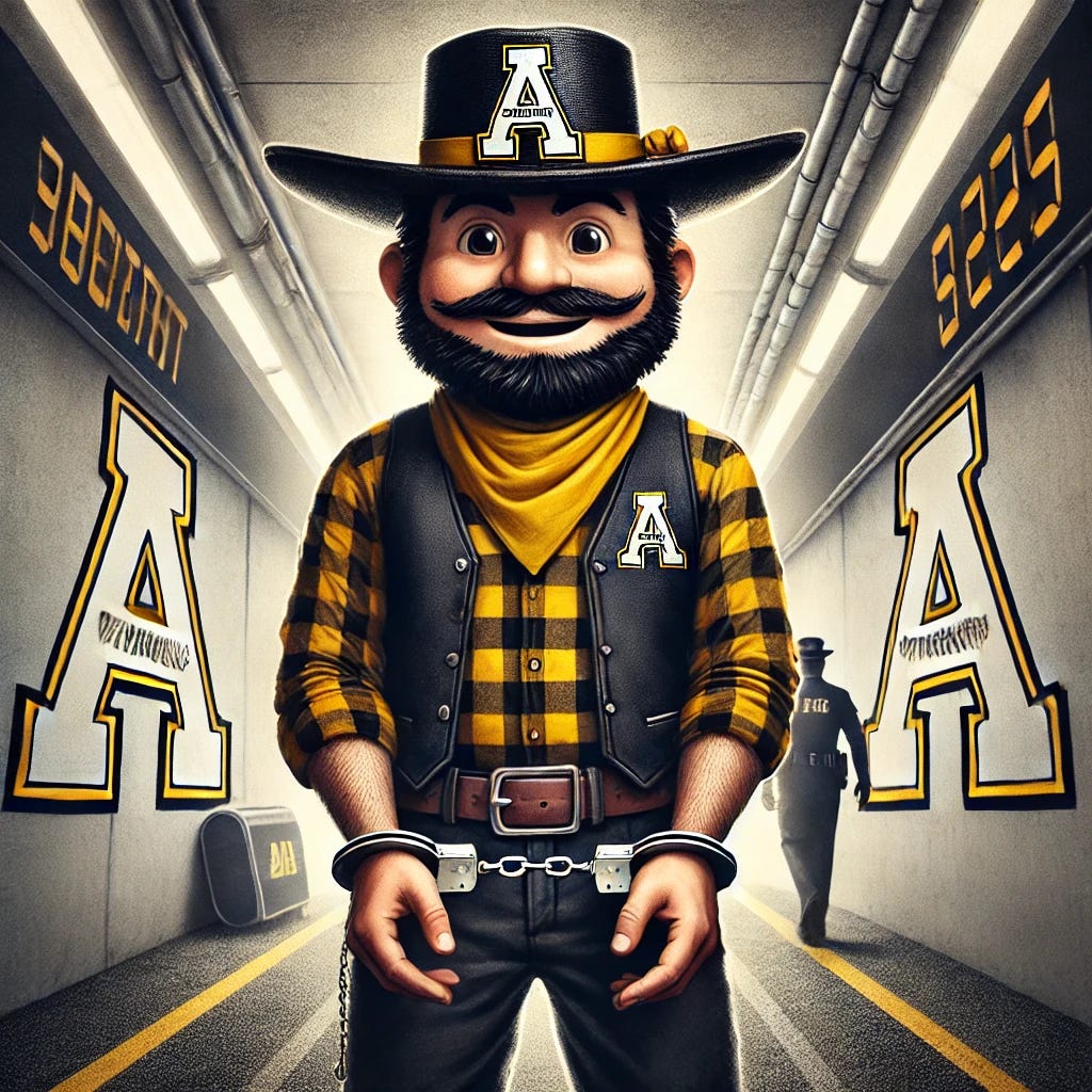 A realistic and satirical illustration of Appalachian State University's mountaineer mascot, Yosef, in handcuffs. Yosef is depicted in his traditional mountaineer attire, including a black hat, plaid shirt, and vest, standing in a light-hearted setting like a stadium tunnel or near a scoreboard. His expression is comically embarrassed or defiant, adding a humorous tone to the scene. The image balances realism with playful satire, capturing the mascot in this exaggerated situation.