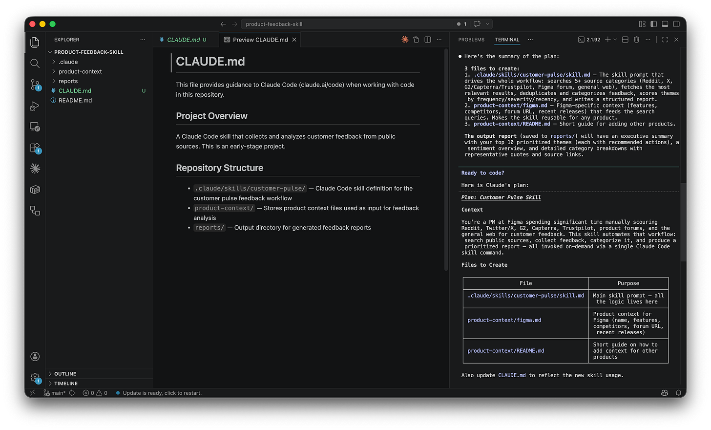 Claude Code showing a structured plan with files to create table, context description, and how the skill workflow will operate. Claude Code showing a structured plan with files to create table, context description, and how the skill workflow will operate.