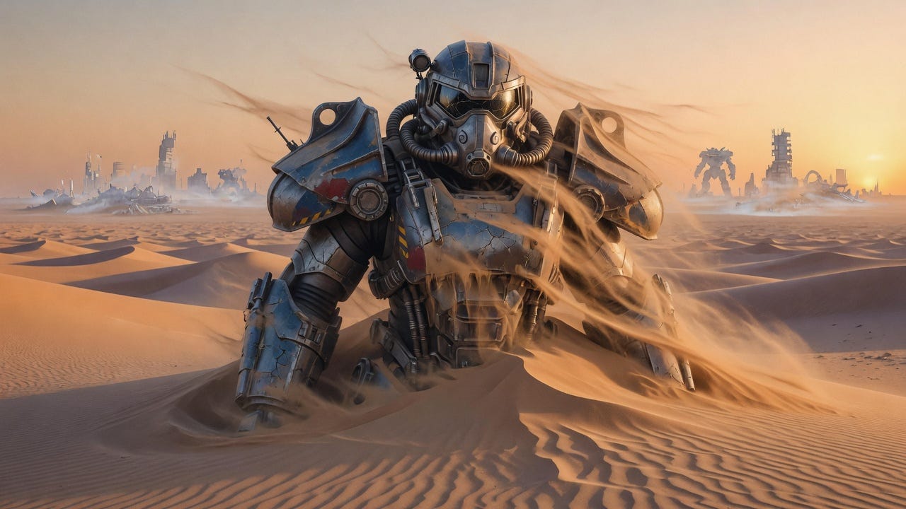 A colossal suit of futuristic power armor half-buried in desert sand, wind streaming off cracked plates, ruined city skyline shimmering in the distance at sunset