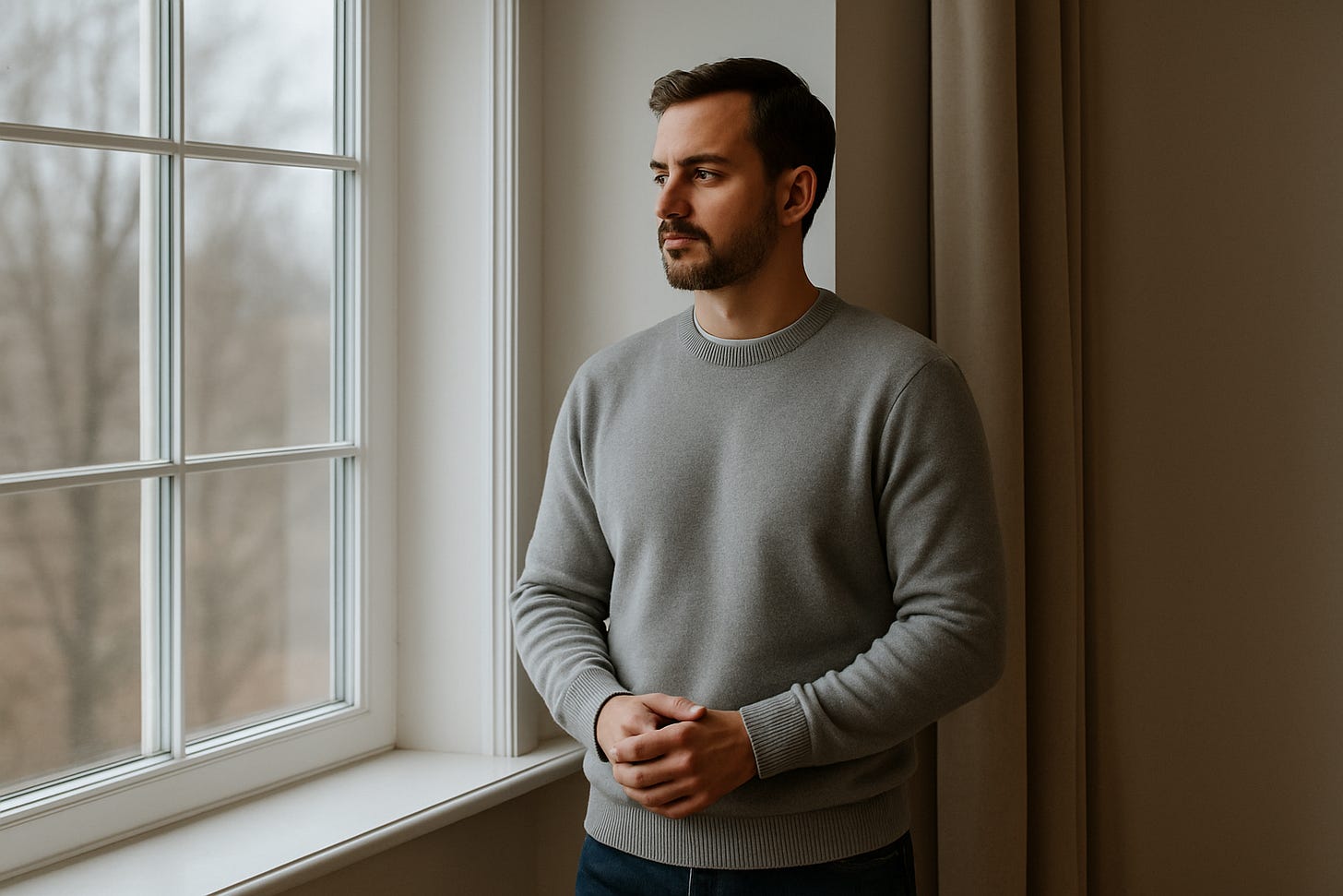 A man stands quietly by a window in soft winter daylight, hands relaxed, posture calm and composed. He looks outward without urgency, suggesting steadiness and patience during a pause rather than action or motion.