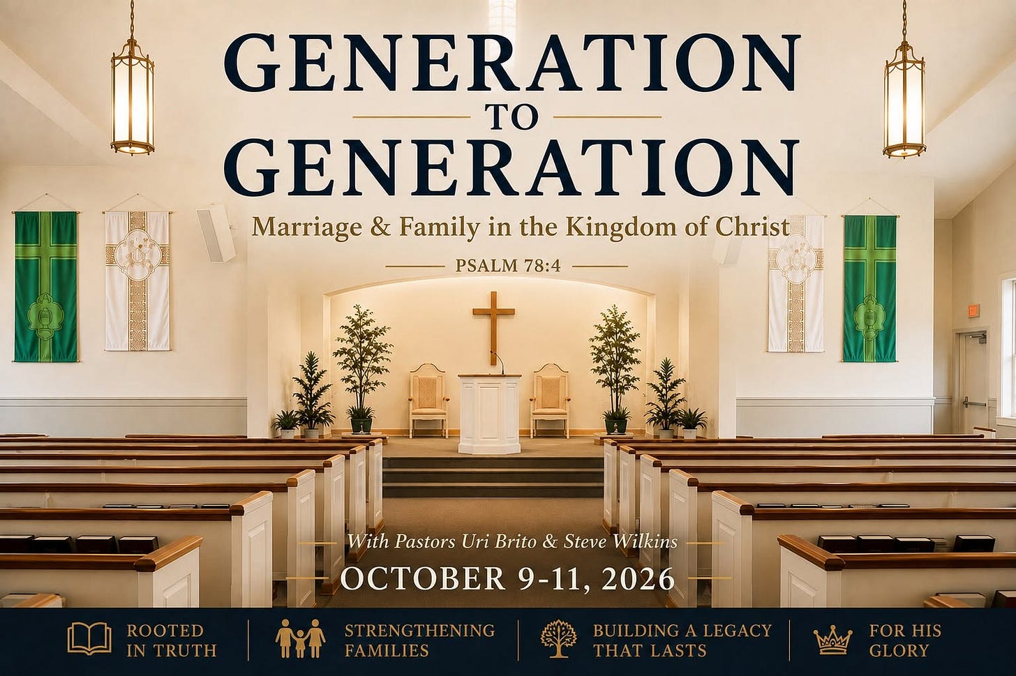 May be an image of text that says 'GENERATION TO GENERATION က် H Marriage & Family in the Kingdom of Christ PSALM 78:4 t With Pastors Uri Brito & Steve Wilkins OCTOBER 9-11, 2026 ROOTED INTRUTH IN TRU TH ቶቶ FAMILIES STRENGTHENING BUILDING LEGACY THATLASTS FORHIS FOR HIS GLORY'
