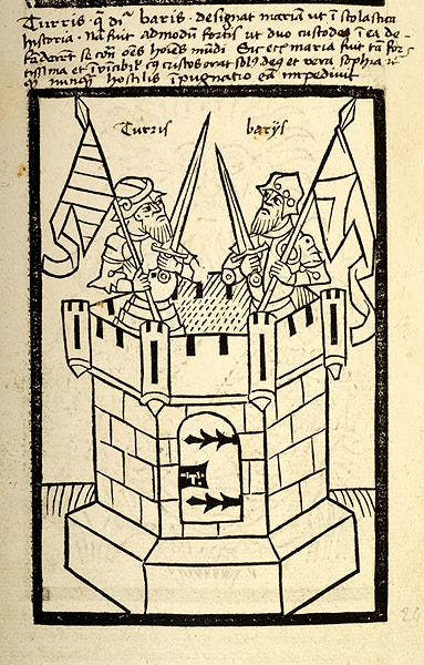 Medieval drawings of a castle, owl, cat and bat
