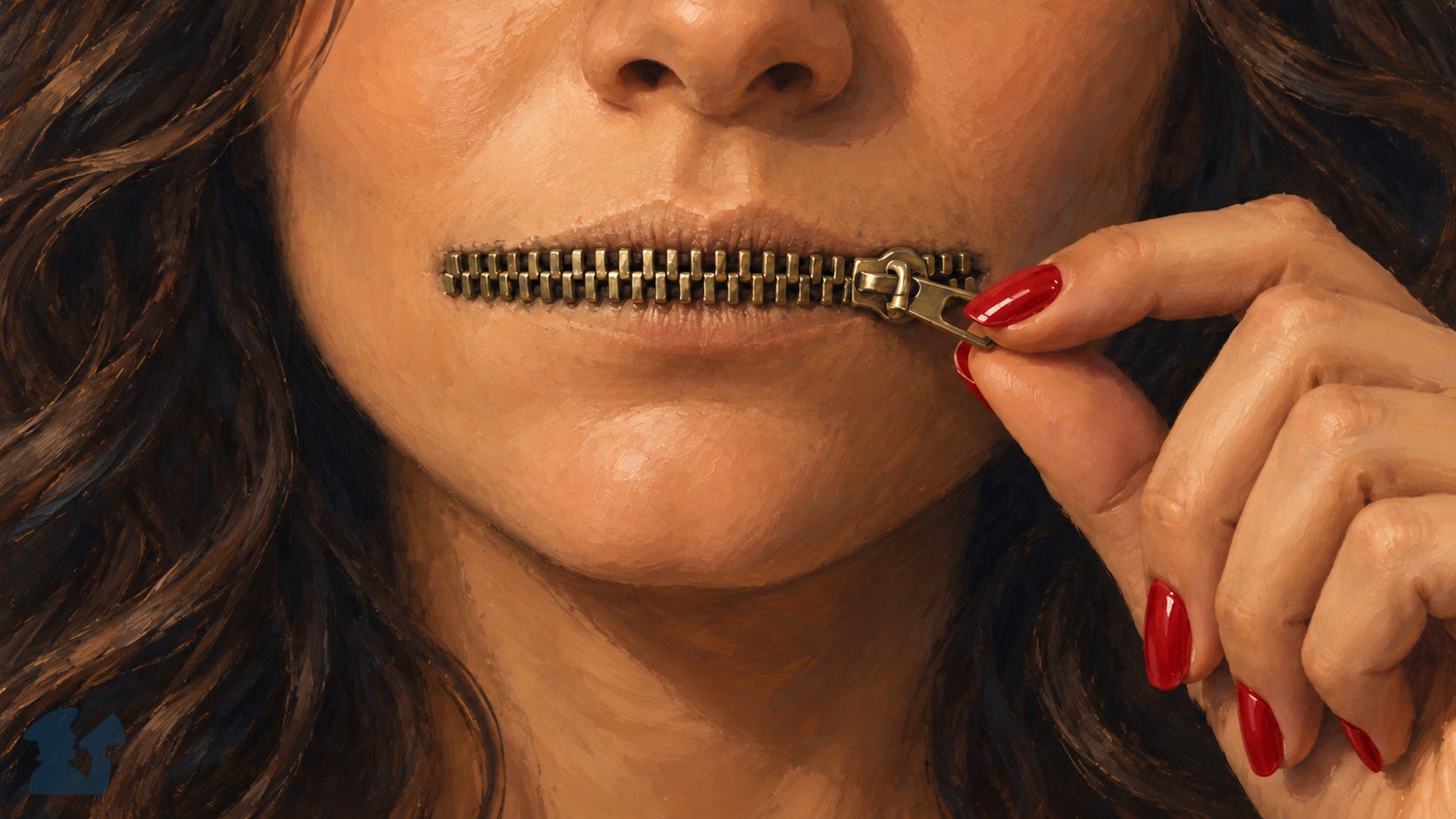 Painterly close-up of Julia Coleman’s lower face, her thumb and index finger pulling a zipper closed across her mouth to symbolize sealed lips. Painterly close-up of Julia Coleman’s lower face, her thumb and index finger pulling a zipper closed across her mouth to symbolize sealed lips.