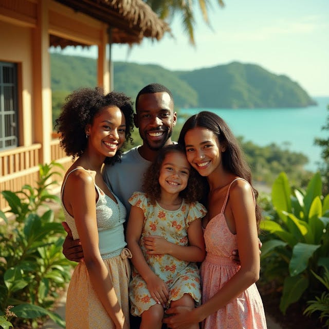 A beautiful, smiling mixed-race family of four with elegant, modern Caribbean clothing, posing warmly in the lush, vibrant surroundings of their Jamaican home, partially shaded by a scenic tropical veranda, with a majestic hillside view and distant turquoise ocean, infused with a nostalgic, cinematic film aesthetic, reminiscent of Terrence Malick, Peter Attenborough, and Tim Burton's visual styles, with a tactile, high-contrast, grainy texture and filmic vignette, graded with warm, golden tones and saturated colors, bathed in soft, diffused sunlight and deep, atmospheric shadows, as if captured on a handheld 35mm V-Raptor XL camera, with every detail meticulously post-processed to evoke a timeless, transcendent, and deeply human sensation.