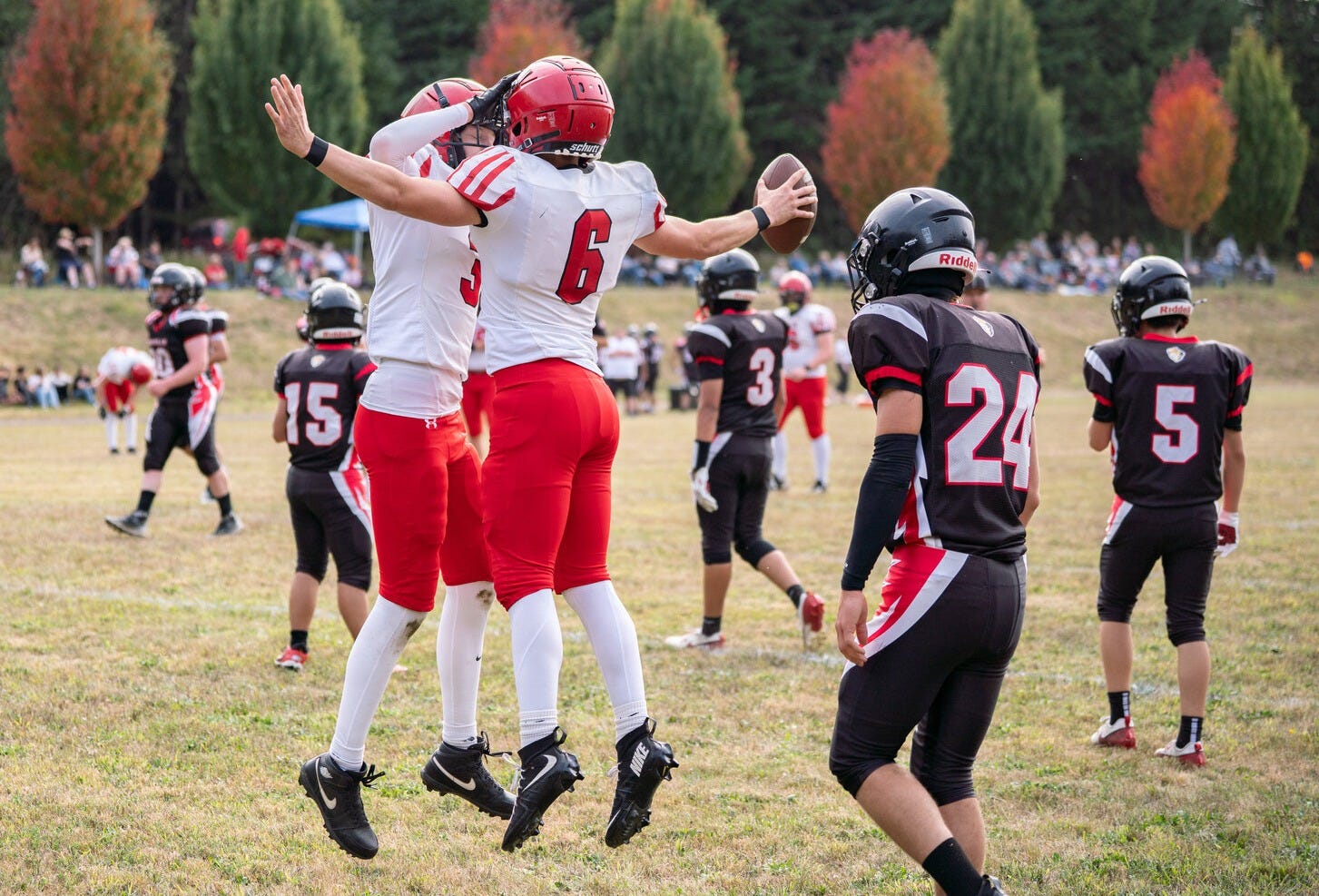 Wahkiakum’s Parker Leitz and Jayden Stoddard celebrate a touchdown during a game at North River High School on Friday, Sept. 26, 2025. Wahkiakum’s Parker Leitz and Jayden Stoddard celebrate a touchdown during a game at North River High School on Friday, Sept. 26, 2025.