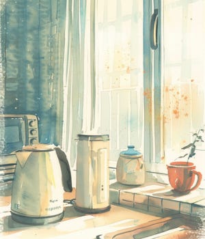 vintage editorial watercolor illustration of a small compact device on a kitchen counter, smooth housing, morning light, domestic setting, muted neutrals, cream paper texture