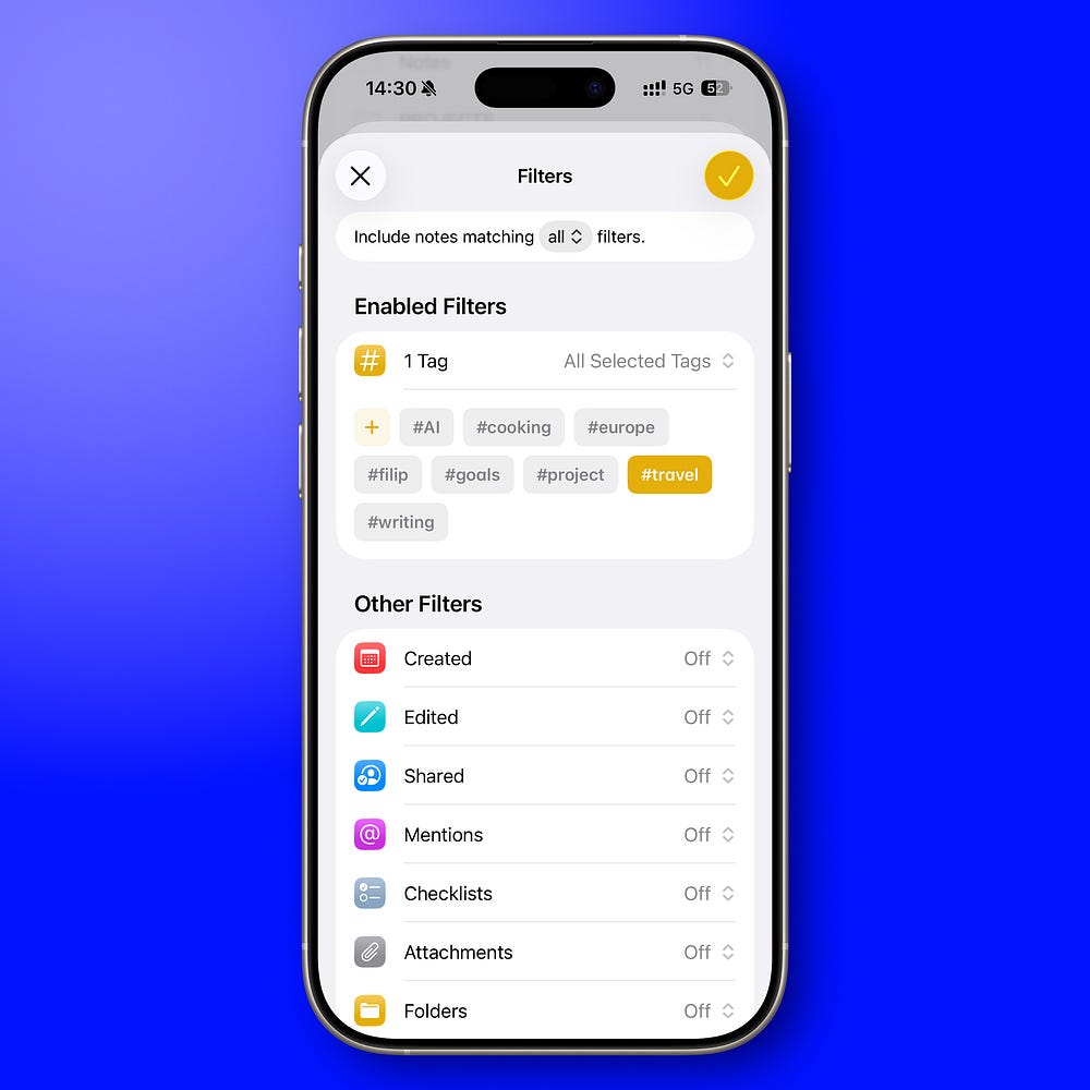 Apple Reminders tags screen displaying multiple colored tags used to organize and filter tasks.