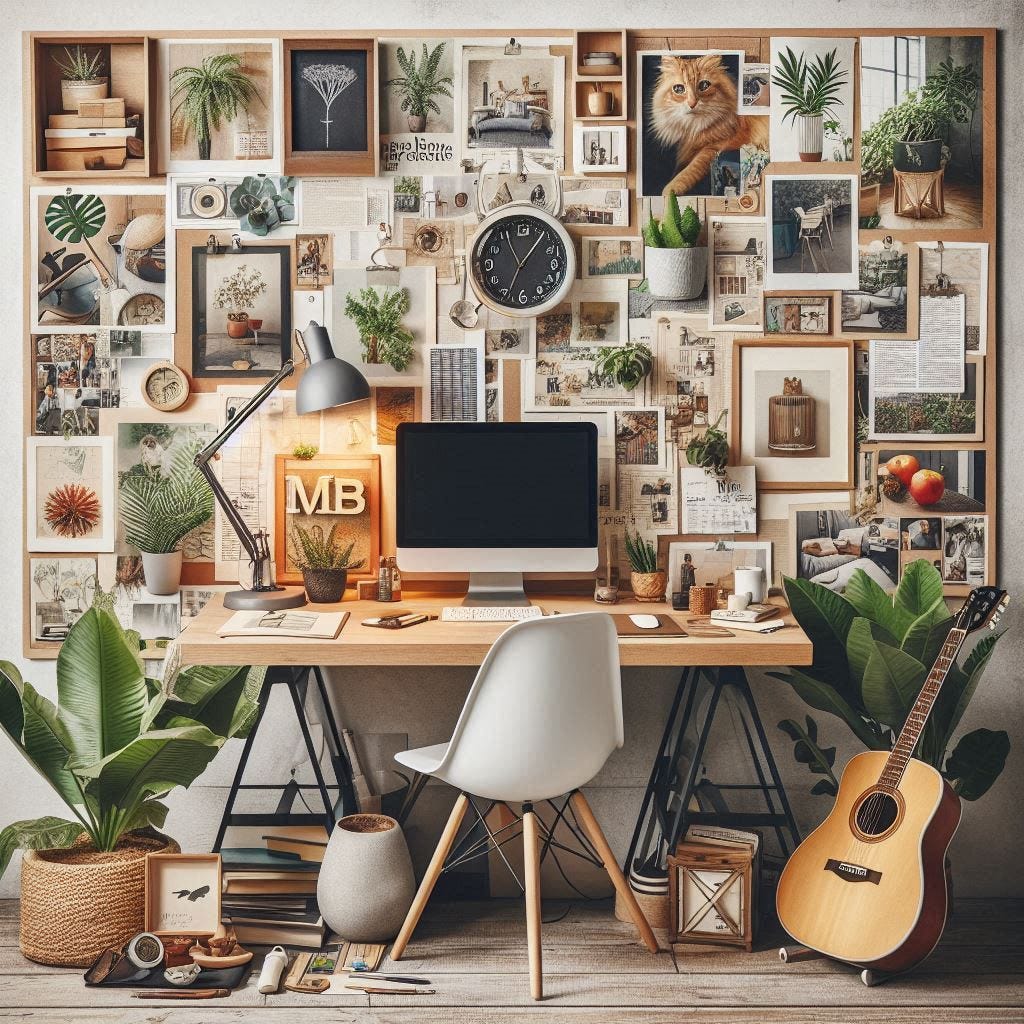 a scrapbook style collage of newspaper and magazine clippings (or a mood board) of home office ideas, featuring a desk and computer prominently in the center natural light, house plants, a mac, natural wood shelving, office lamp, guitars, chalk board