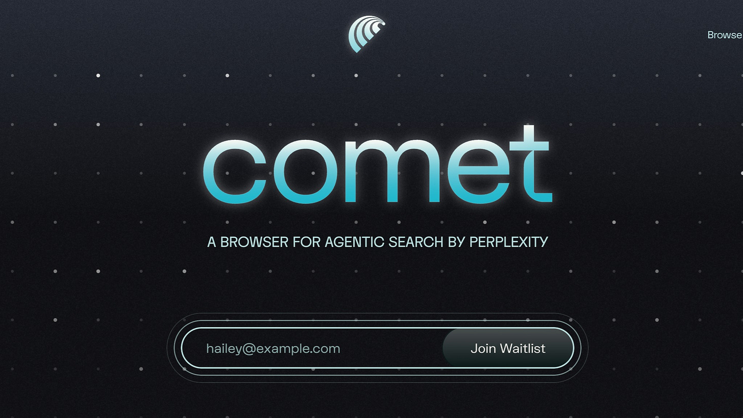可能是顯示的文字是「 Browse comet A BROWSER FOR AGENTIC SEARCH By PERPLEXITY hailey@example.com @example.com JoinWaitlist Join Waitlist 」的圖像
