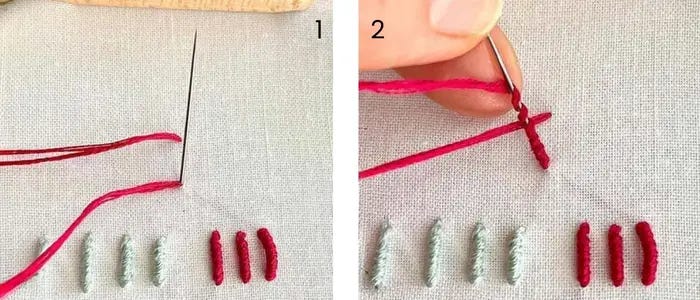 first two steps to start the bullion stitch, thread being wrapped around needle