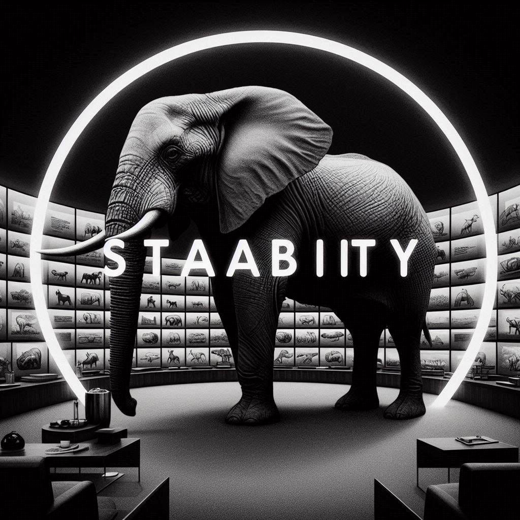 a circular elephant in a room. the word "stability" is overlayed