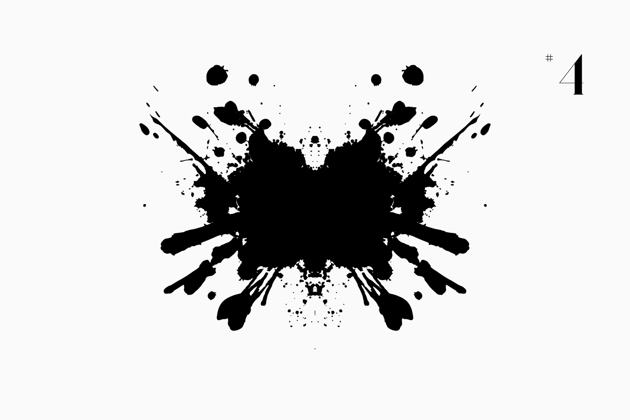 A bilateral, Rorschach-style inkblot specimen for the “In Other Words” series from The Subtext Review. The charcoal-black symmetrical splatter is centered on a cream paper background, labeled as Puzzle No. 4 in a classic serif typeface.