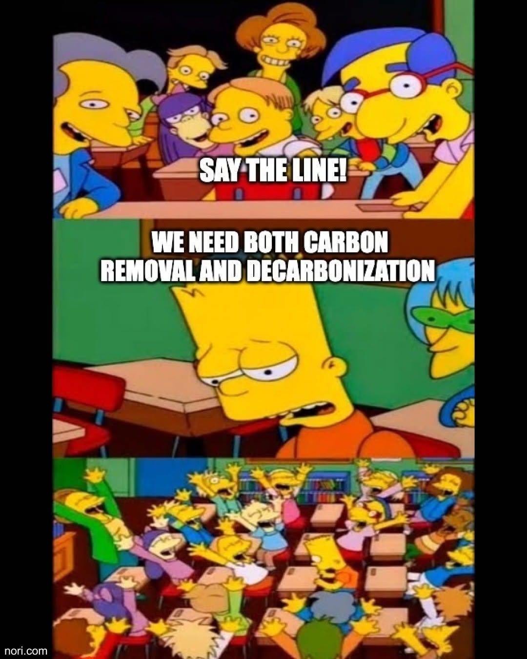 Three-panel Simpsons meme. The class leans in: "Say the line!" Bart, weary: "We need both carbon removal and decarbonization." The whole class cheers.