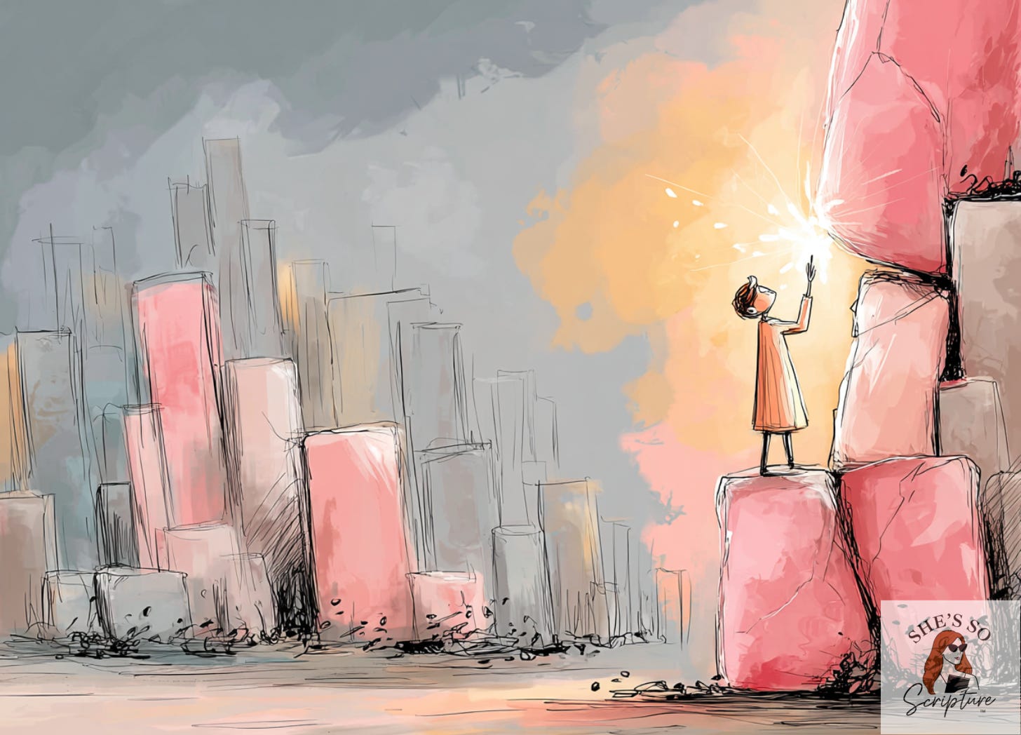 An illustration of stones and someone standing on one cutting it An illustration of stones and someone standing on one cutting it