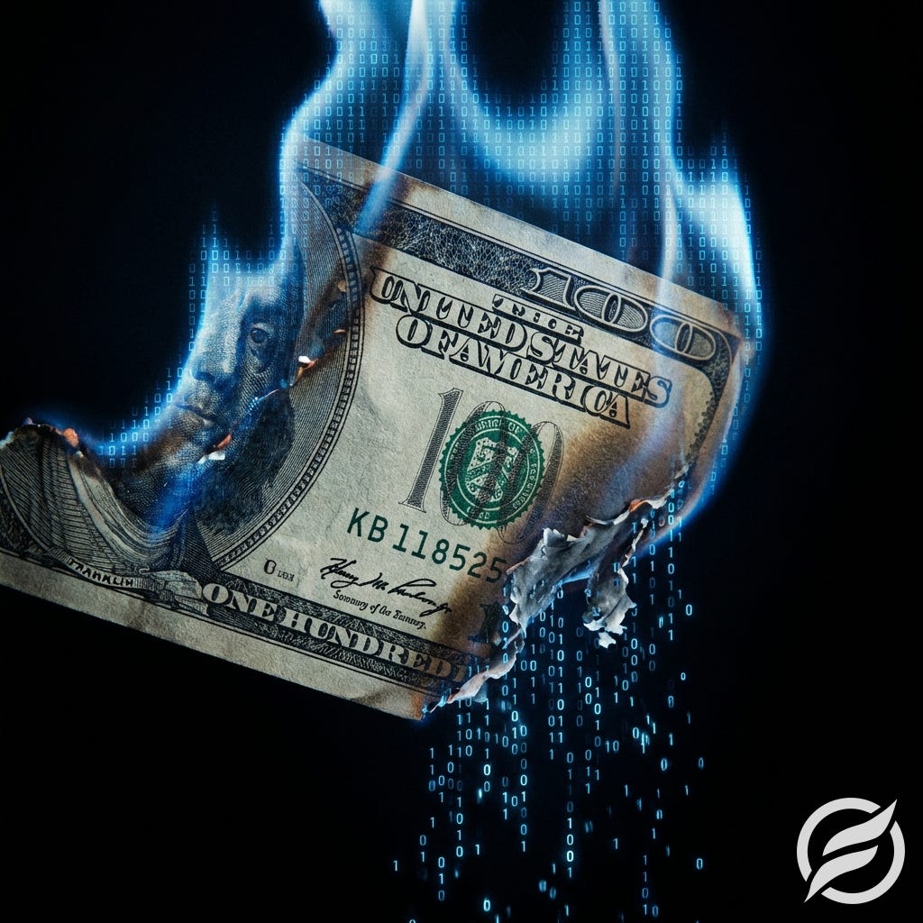 $100 bill burning and dissolving into blue digital binary code $100 bill burning and dissolving into blue digital binary code