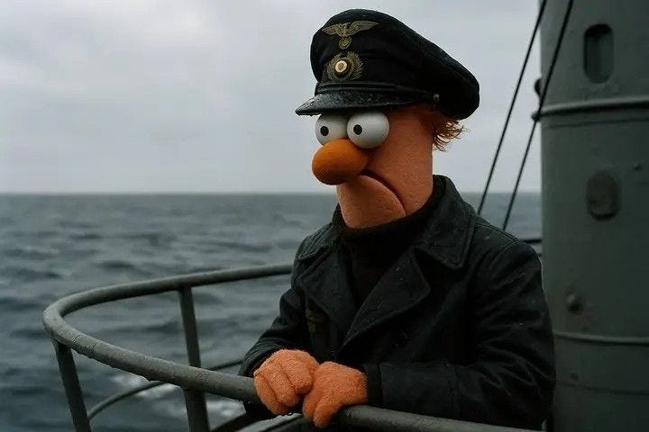 This may contain: the muppet is wearing a hat and standing on a boat in front of the ocean