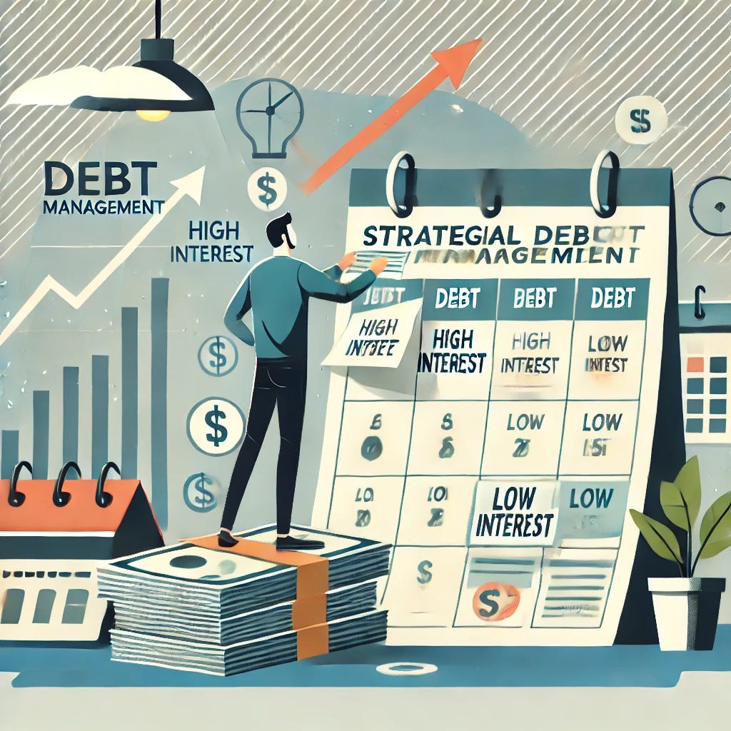 An illustration of strategic debt management, showing a person organizing debt priorities with stacks of bills, a calendar, and labels like 'High Interest' and 'Low Interest.' The background features a modern workspace with motivational elements like upward arrows and financial graphs, emphasizing progress and responsibility.