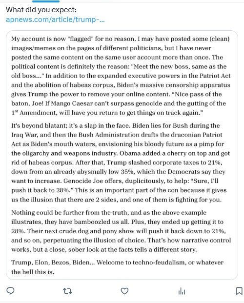 May be an image of text that says '"flagged" the posted the reason. have posted some (clean) have definitely the reason: "Meet the addition abolition same user account more than boss, same Trump corpus, Biden's the Patriot will have "Nice apparatus return beyond blatant: Caesar can't surpass genocide and the track again." slap War, and then the Biden lies for Bush during drafts draconian Patriot bloody future weapons waters, envisioning Obama Trump already pimp cherry back Joe increase. 28%. the illusion the part sides, help: con because further from have bamboozled fighting next on, dog all. Plus, they ended will pony but close, sober choice. facts Bezos,'