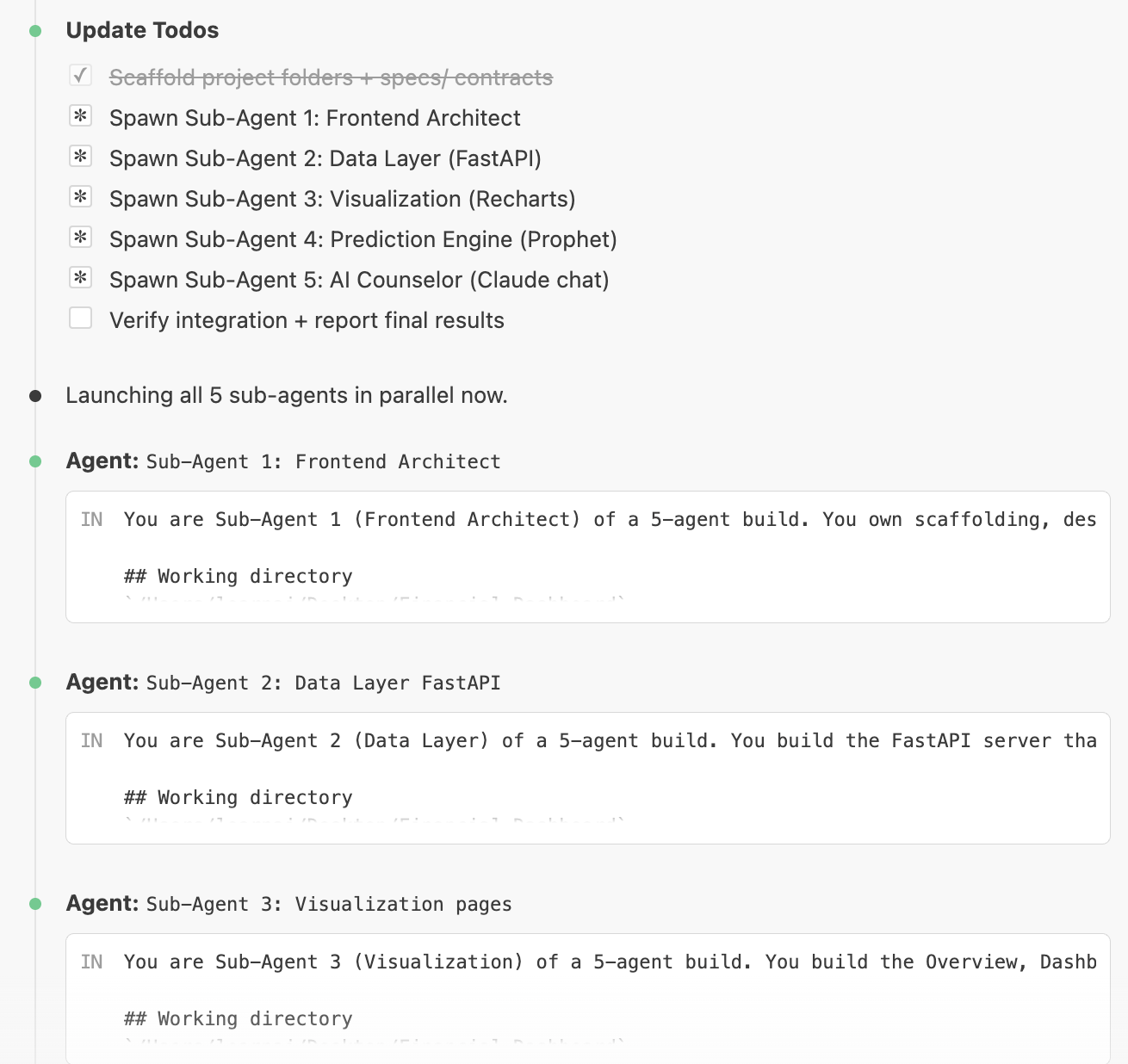 Claude Code five agents parallel build showing frontend, data, visualization, prediction, and chat agents running Claude Code five agents parallel build showing frontend, data, visualization, prediction, and chat agents running
