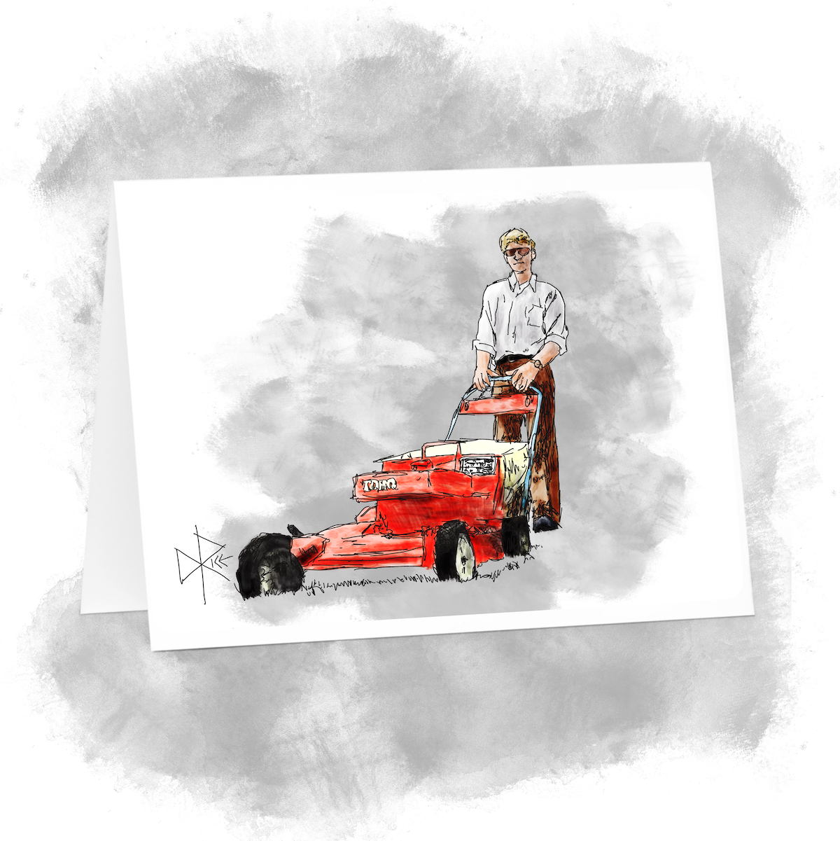 A man pushing a red lawnmower over the grass in a backyard. The morning sun casts long shadows. Sketch art by Don Rice.
