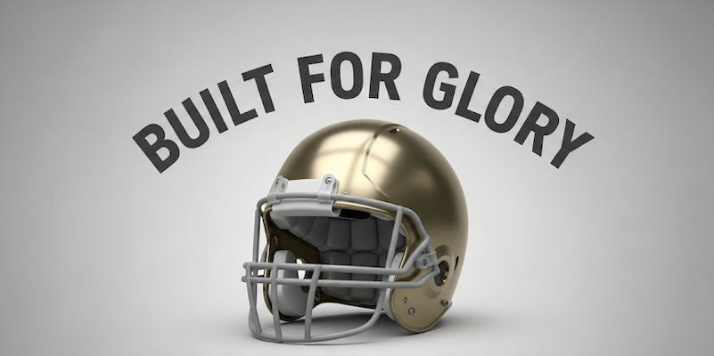 Metallic gold, classic Notre Dame football helmet under the bold text “Built for Glory.” Get 2025 College Football Playoff coverage, with deals on tickets, fan gear, and premium content subscription at www.NattyRoad.com