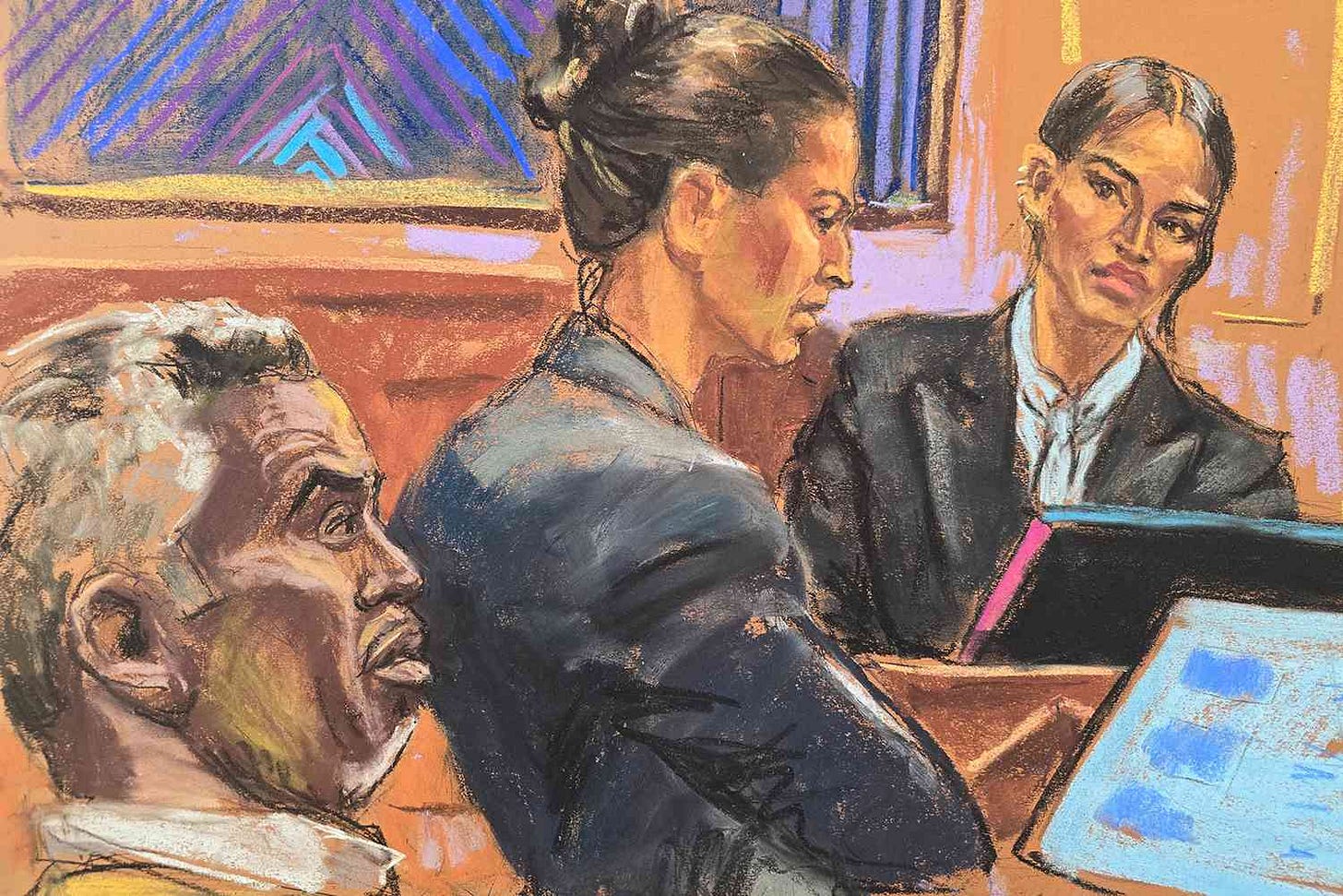 Sean "Diddy" Combs listens as lawyer Anna Estevao cross-examines Casandra "Cassie" Ventura during Combs' sex trafficking trial in New York City, New York, U.S., May 15, 2025, in this courtroom sketch. 