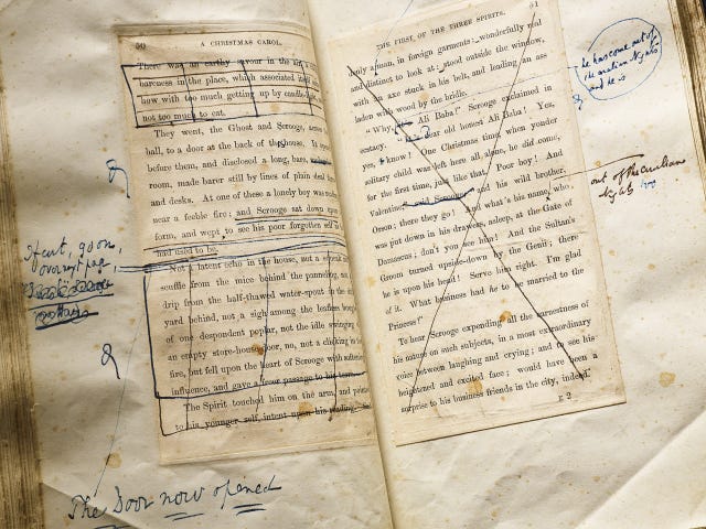 Charles Dickens’s reading copy of A Christmas Carol with strikethroughs and marginalia. 