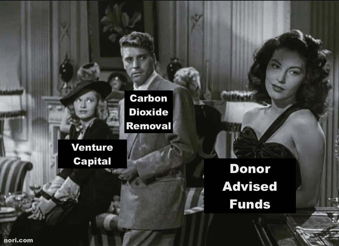 Black and white film still of a man between two women. He is labelled "Carbon Dioxide Removal"; the women "Venture Capital" and "Donor Advised Funds".