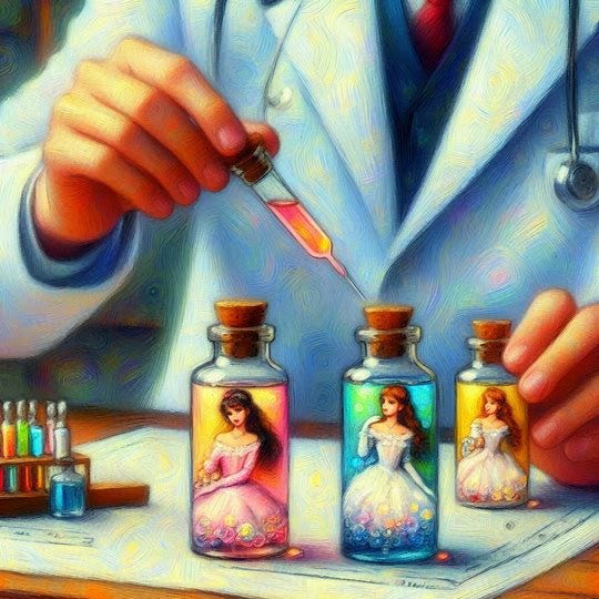 A scientist in a white coat pours the colorful contents of one vial into another. Two vials sit on a table near him, both containing two very pretty women in miniature. Impressionist-style.