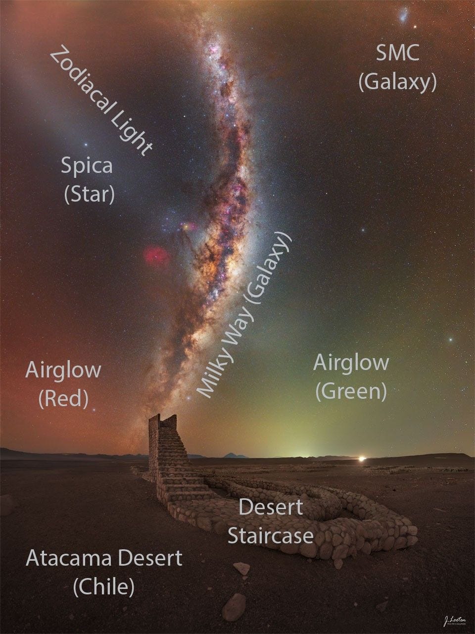 The Milky Way galaxy rises from the horizon and curves upward in the sky. In the foreground, a rock pathway is seen that culminates in a staircase that ends abruptly. The Milky Way band appears to be a continuation of the staircase. Please see the explanation for more detailed information. The Milky Way galaxy rises from the horizon and curves upward in the sky. In the foreground, a rock pathway is seen that culminates in a staircase that ends abruptly. The Milky Way band appears to be a continuation of the staircase. Please see the explanation for more detailed information.