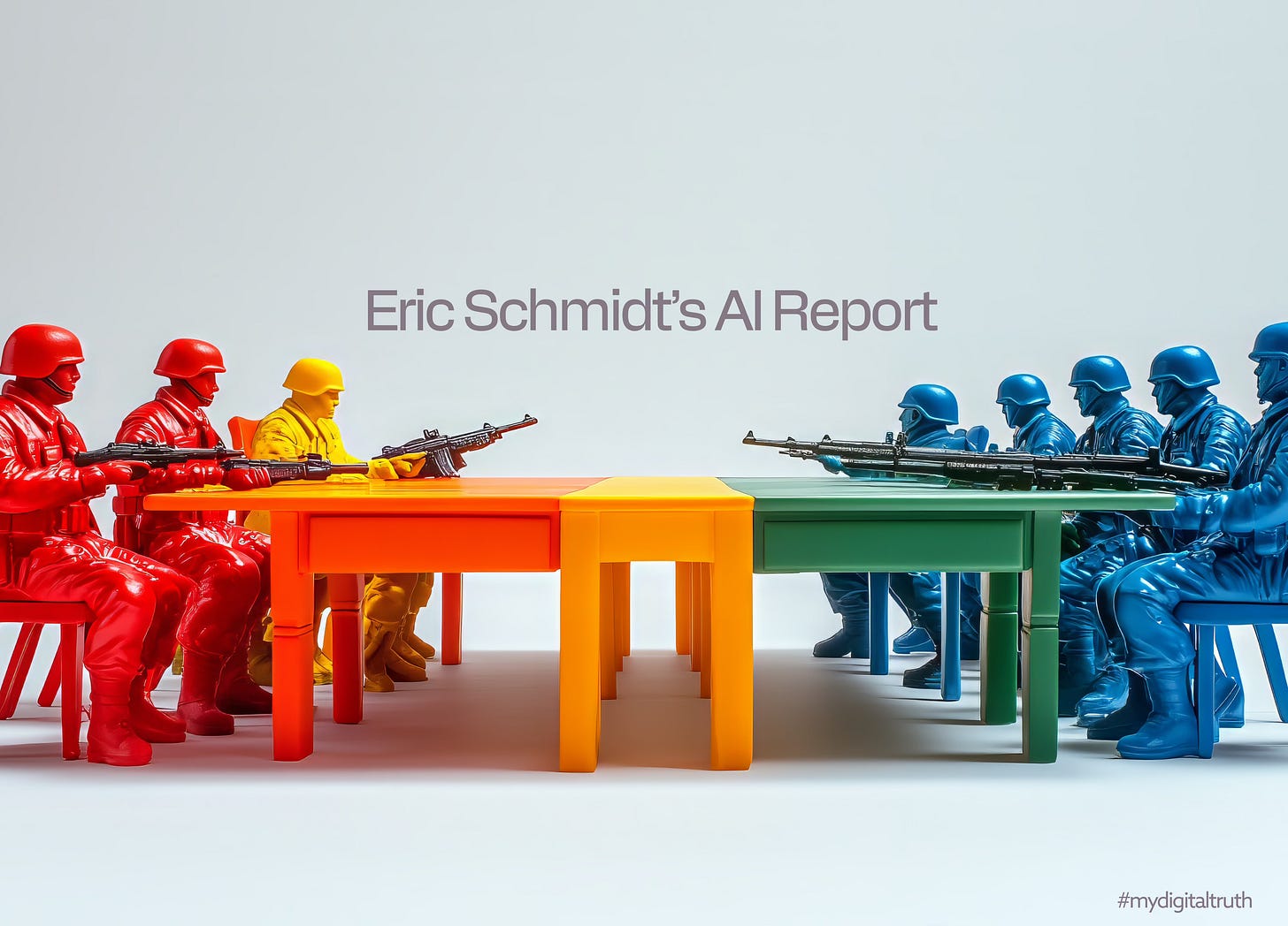 A stylized image of brightly colored plastic toy soldiers sitting at a multicolored table. Red and yellow soldiers face off against blue soldiers, all aiming rifles at each other across the table. The scene satirically resembles a tense diplomatic negotiation or Cold War standoff, suggesting absurdity in how modern AI conflicts are framed.