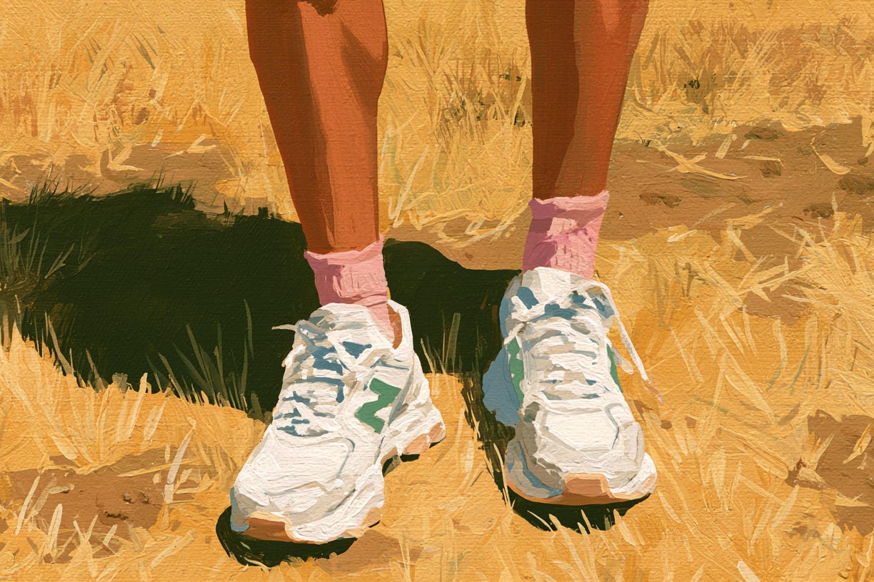 A woman's lower legs, standing on parched yellow grass, in bright sunshine. The legs are tanned brown, wearing white sneakers with green detail, pink ankle socks showing, slightly apart. The grass is yellow and parched from a hot summer with clear dirt patches. The scene is illuminated with bright summer light. A short shadow from the sun overhead. Gouache paint with visible brush strokes. A woman's lower legs, standing on parched yellow grass, in bright sunshine. The legs are tanned brown, wearing white sneakers with green detail, pink ankle socks showing, slightly apart. The grass is yellow and parched from a hot summer with clear dirt patches. The scene is illuminated with bright summer light. A short shadow from the sun overhead. Gouache paint with visible brush strokes.
