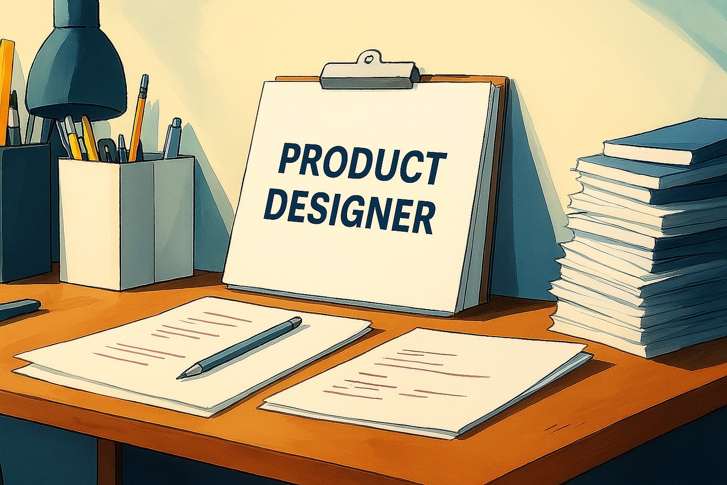 A desk with paper, books, and pens. "Product Designer" is written on a clipboard.