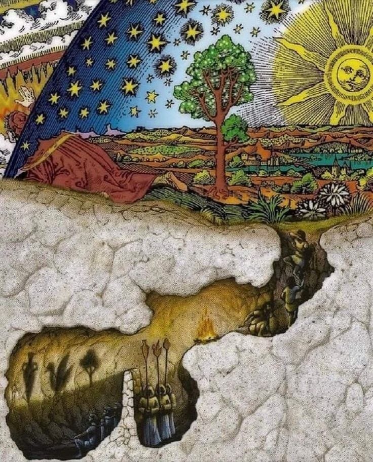 This may contain: an artistic painting on the side of a wall with trees and sun above it, surrounded by rocks