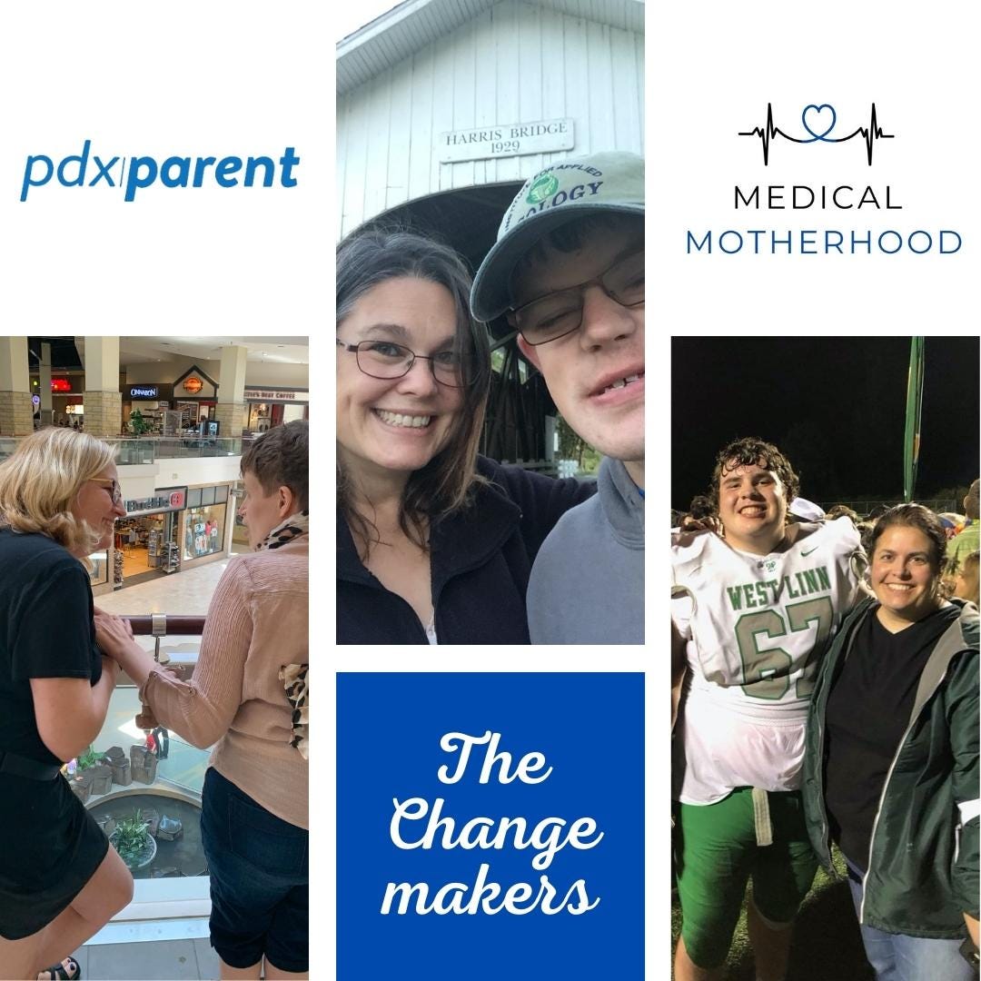 A photo montage of three women and their adult children. One is leaning on the railing of the top deck of a mall facing her daughter, the other is smiling into the camera in front of a covered bridge with her son and the third has her arm around her son in a football uniform on the field. 