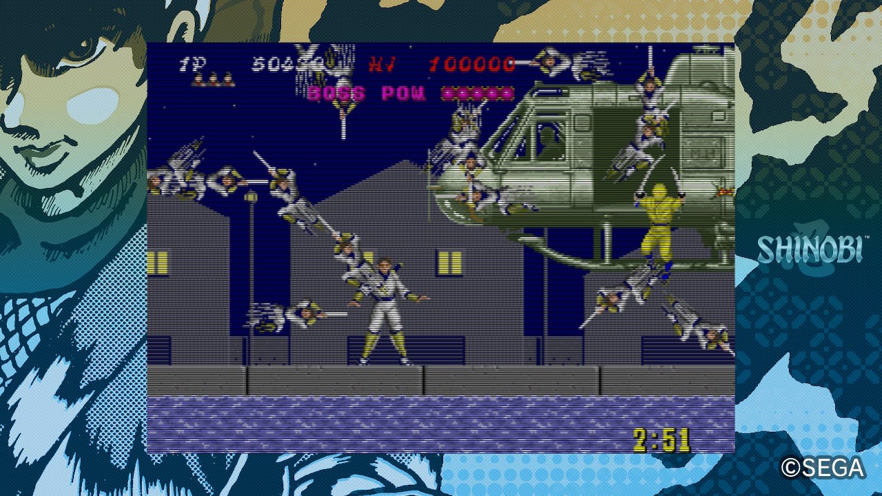 A screenshot of Joe using his "ninja magic" to flood the screen with attacking copies of himself. This is from the Sega Ages mode of Shinobi, which is why Joe is dressed in white as he fights off the helicopter boss.