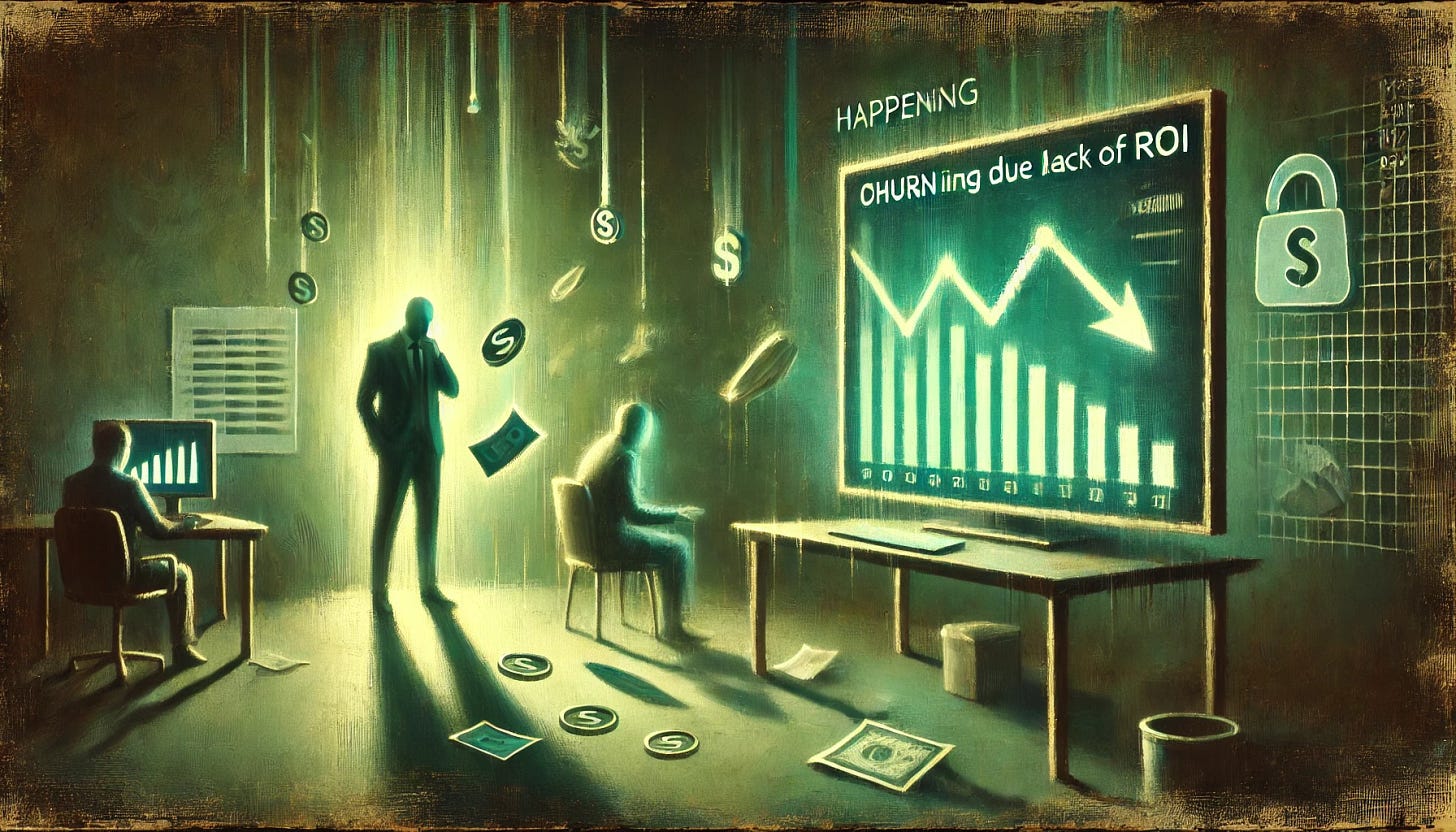 An oil painting illustrating 'churn happening due to lack of ROI,' rendered in tones of green. The scene focuses on a frustrated businessperson standing next to a dimly lit computer screen with declining graphs and scattered documents symbolizing financial loss. Surrounding them are abstract representations of churn, such as fading customer connections and vanishing coins, dissolving into the background. The setting is a dark, minimalist office space, with muted green tones dominating to reflect disappointment. Soft lighting emphasizes the figure’s expression of concern and the glowing downward graphs. Created using: expressive brushstrokes, impressionist oil painting techniques, abstract financial symbolism, muted green palette, emotional undertones, layered textures, sharp contrasts, and dynamic composition, hd quality, natural look.