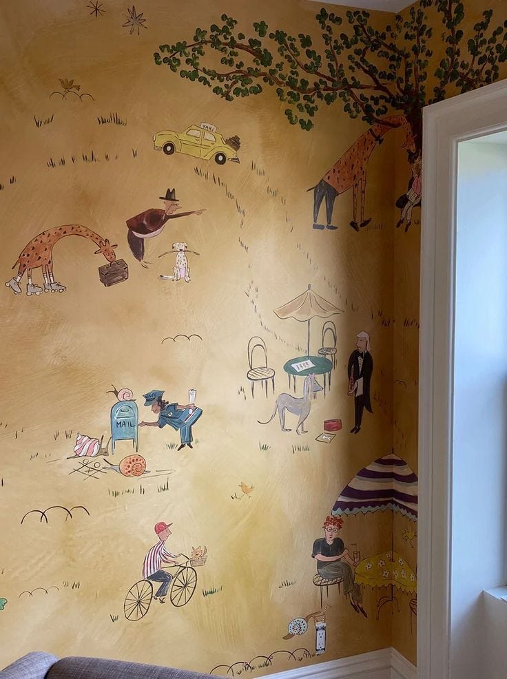 This may contain: a room with a painting on the wall next to a window