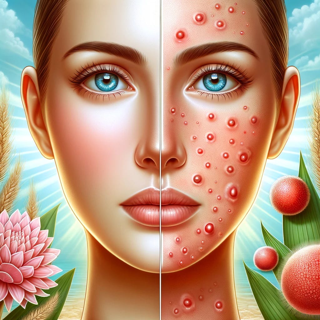 Create a vivid and detailed illustration that visually represents the concept of rosacea without using any text or numbers. The image should feature a close-up of a human face divided into two sections. On one half, depict a clear and healthy skin complexion, showcasing smooth, radiant skin without any imperfections. On the other half, illustrate the symptoms of rosacea: visible redness, swelling, and small, red, pus-filled bumps. Emphasize the contrast between the healthy skin and the affected skin to highlight the impact of rosacea. Incorporate natural elements in the background to signify the importance of a gentle and natural approach to skin care. The illustration should be informative, using visuals alone to convey the idea of rosacea and its effects on the skin.
