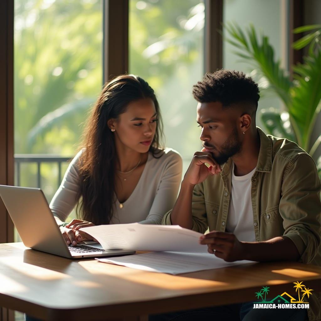 A thoughtful couple, mid-30s, sit at a table in a bright, modern Jamaican home, reviewing mortgage documents and a laptop. Sunlight streams through large windows, revealing lush tropical greenery. They wear casual, professional attire, expressions focused and contemplative. Subtle Jamaican decor or a small flag grounds the scene. Warm, hopeful, cinematic lighting enhances their partnership and financial planning. Shot on v-raptor XL with 35mm film grain, atmospheric color grading, post-processing, and a vignette, best quality masterpiece.