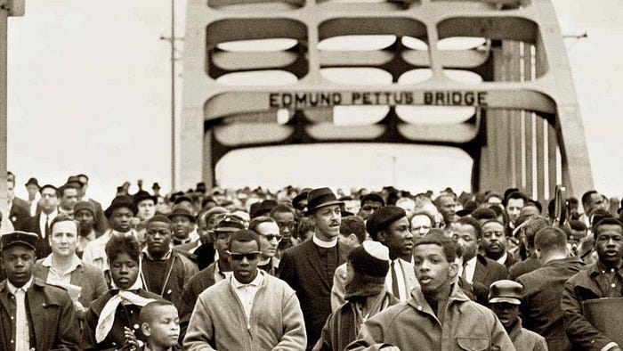 Selma marchers crossing the Edmund Pettus Bridge, March 21, 1965