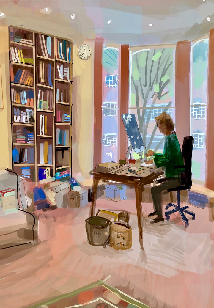 Close-up on two figures from the first picture on the page. A dog in his basket, a man reading papers at his desk and a woman at her computer.