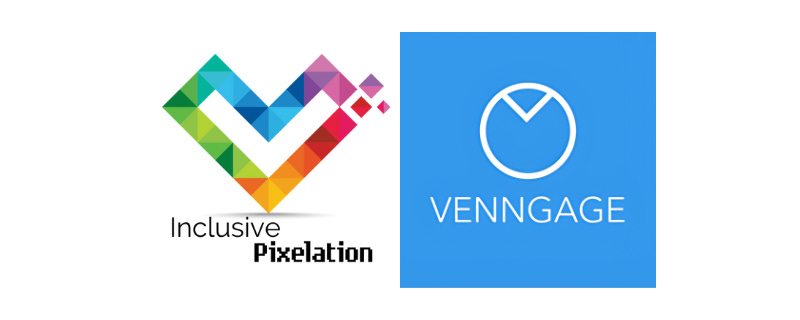 The Inclusive Pixelation rainbow heart logo next to the blue Venngage logo