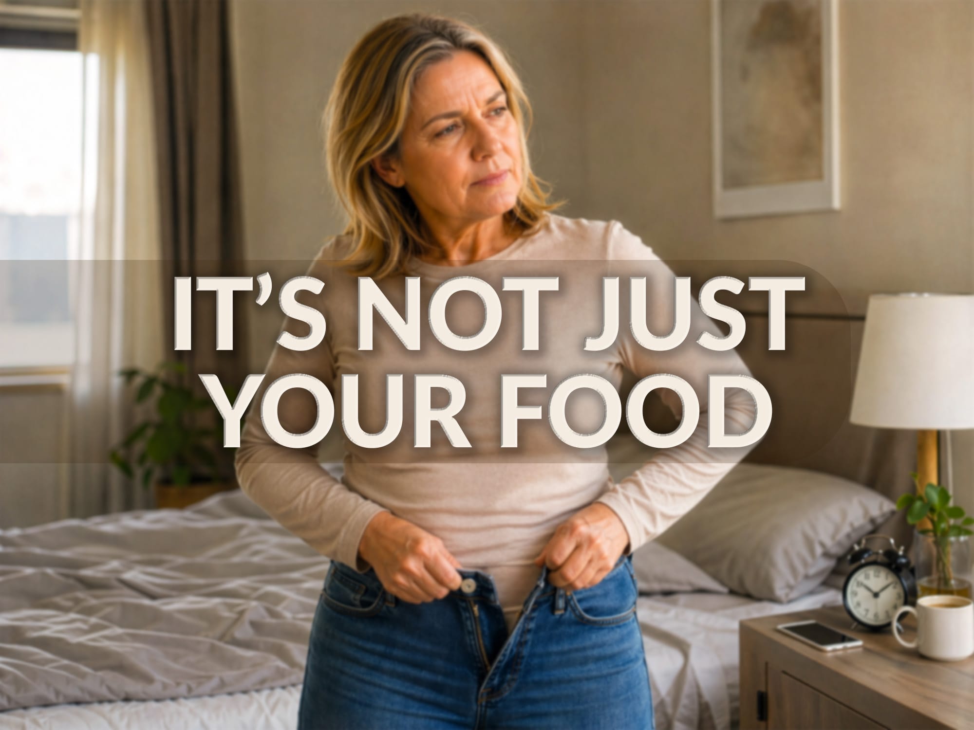 A mid-life woman struggles to button her jeans