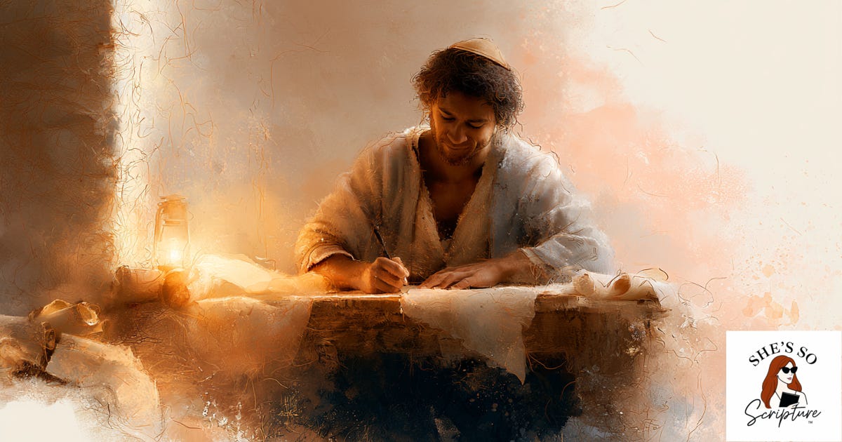 Illustrated ancient man writing by lamplight at a wooden desk surrounded by parchment and scrolls in warm blush and amber watercolor tones Illustrated ancient man writing by lamplight at a wooden desk surrounded by parchment and scrolls in warm blush and amber watercolor tones