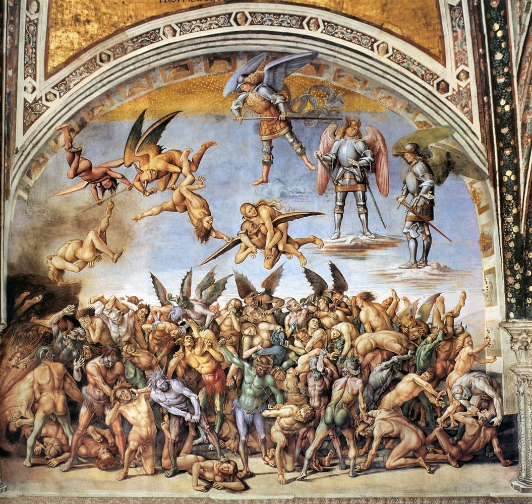 Muscular demons hauling the damned into hell