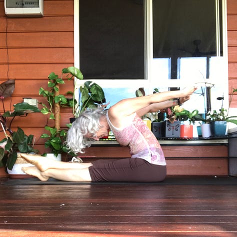 nine photos with a white haired woman in exercise clothing doing each of the Pilates exercises listed in the email