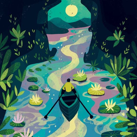 A person rows a boat down a river at night. The river is filled with green and pink lily pads. The moon rises high over the mountains in the distance and we can see the shape of the river is the outline of a person. Could it be the future self they’re rowing toward? A person rows a boat down a river at night. The river is filled with green and pink lily pads. The moon rises high over the mountains in the distance and we can see the shape of the river is the outline of a person. Could it be the future self they’re rowing toward?